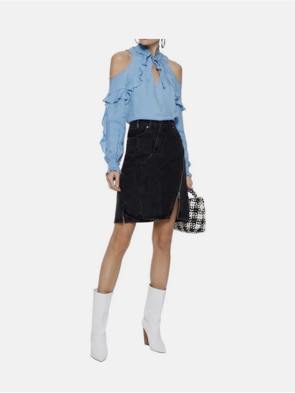 Sandro Cold Shoulder Blue Ruffled Blouse with Tie Neck